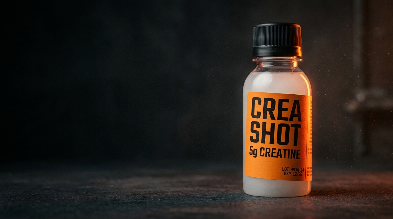A Crea Shot bottle — 5g creatine, safety-orange label, black cap, on a dark workbench