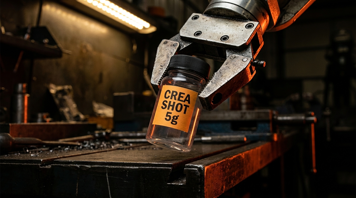A robot gripper holding a Crea Shot bottle on the Packout line