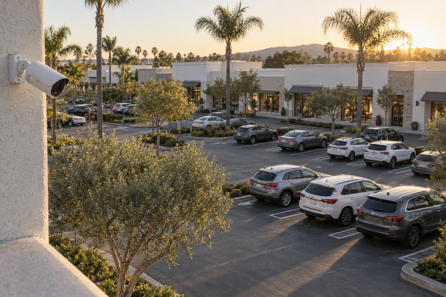 Illustrative existing security camera overlooking a Southern California retail parking lot